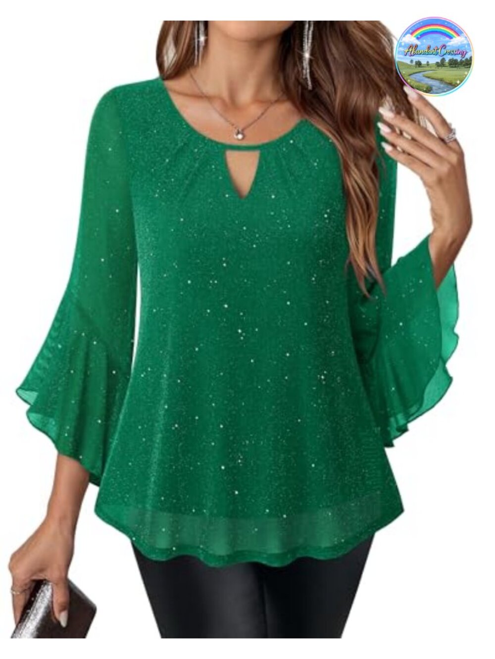 Sparkly Glitter Blouse Ruffle 3/4 Bell Sleeve Cocktail Party Top